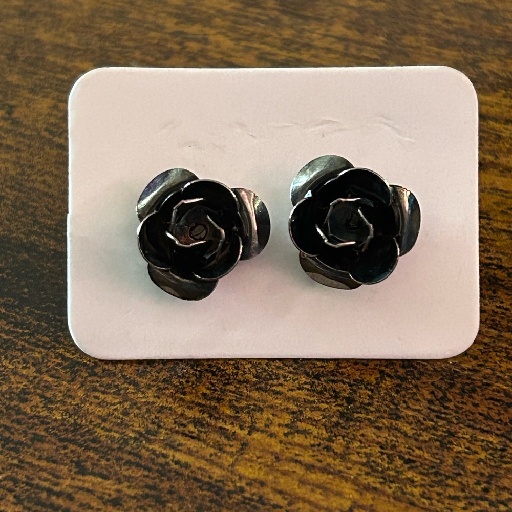 Black Rose Stud Earrings - Women's Floral Ear Studs - Picture 3 of 5